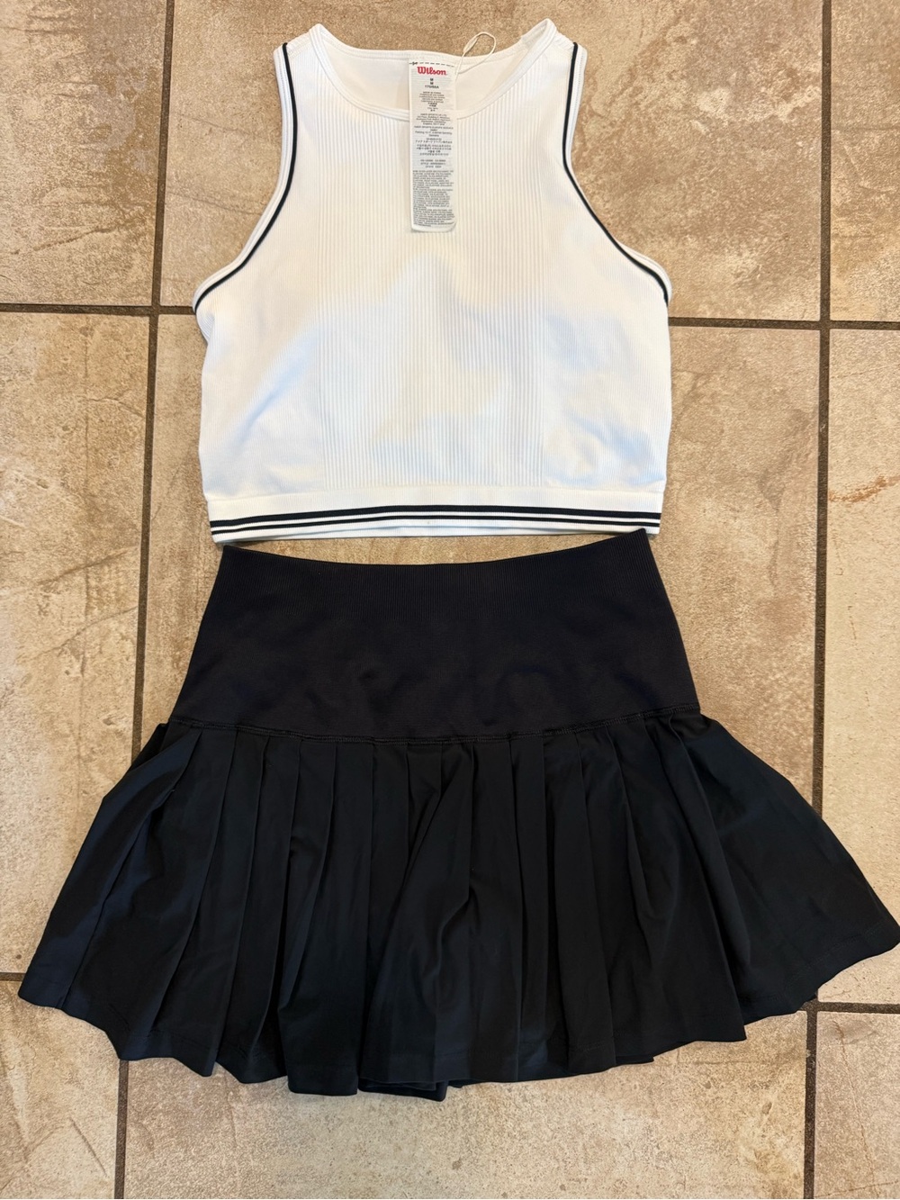 Wilson White Ribbed Cropped Tank with Black Trim & Black Pleated Tennis Skirt-M